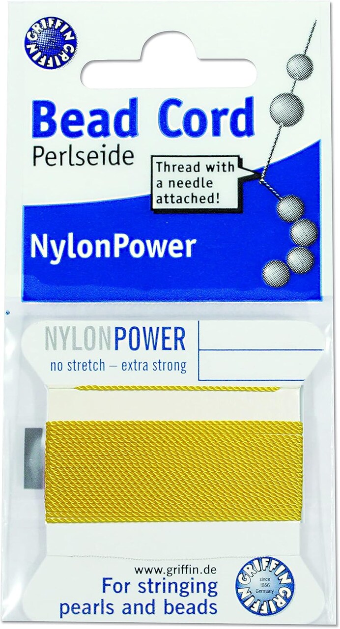 Griffin Nylon Bead Cord Perlseide – Size 12 (0.98mm) – 2 Meters per Card – Stainless Steel Needle Attached – for Knotting Pearls, Gemstones, Crystals and Beads